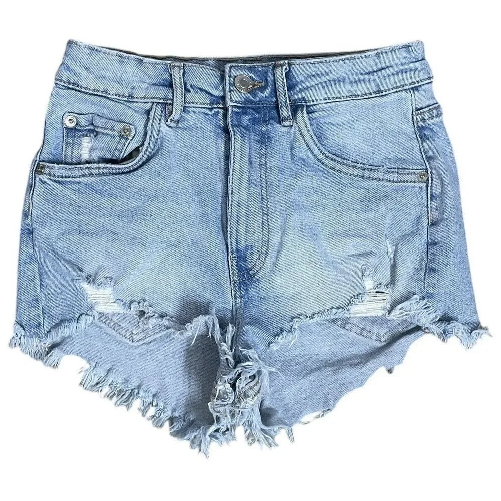 ZARA Denim Shorts Women Size 4 Light Wash Distressed High Rise Cutoff - Picture 1 of 6